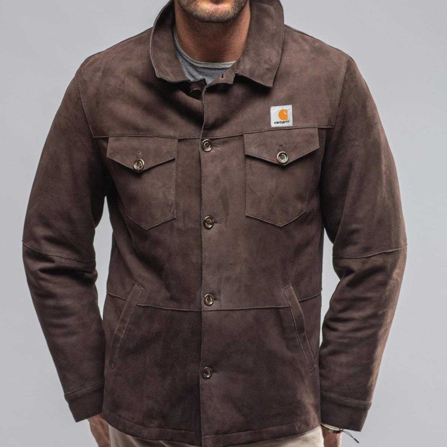 

Мужская куртка замшевая винтажная верхняя одежда с карманами и лацканами коричневая