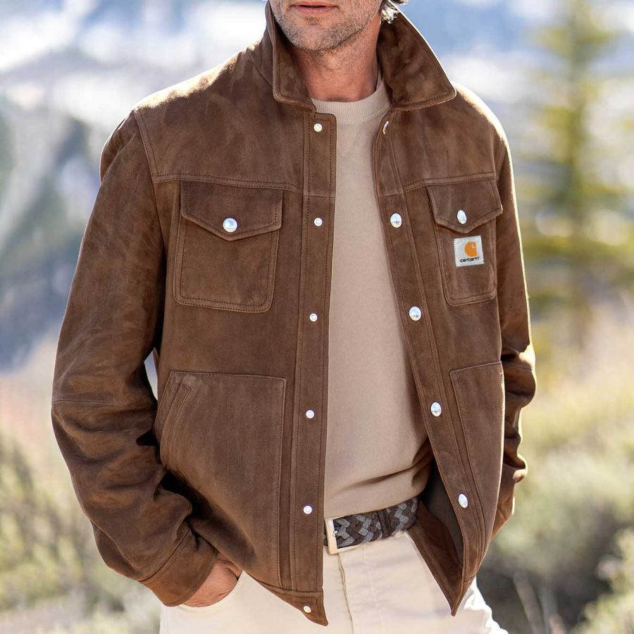 

Мужская куртка винтажная замшевая верхняя одежда с карманами и лацканами коричневая