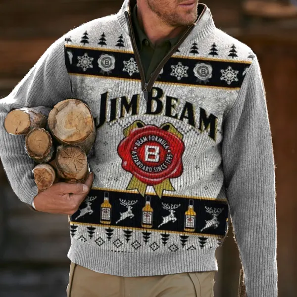 Jim Beam Ugly Christmas Sweater Zip Stand Collar Sweater - Cotosen.com