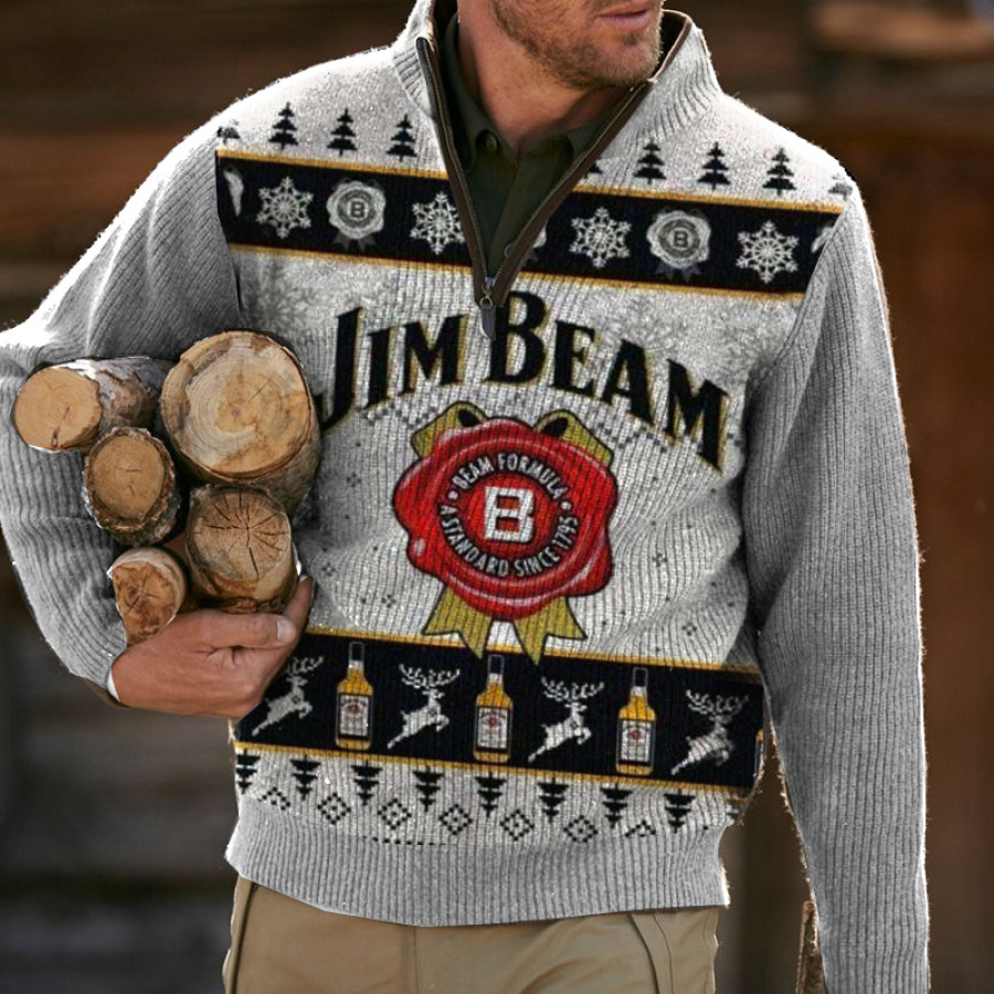 

Jim Beam Ugly Christmas Sweater Zip Stand Collar Sweater