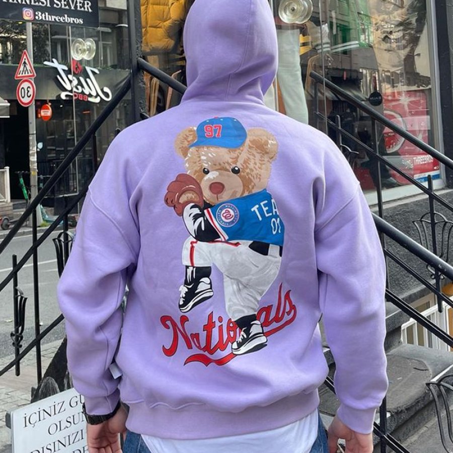 

Übergroßer Street-Hoodie Mit Baseball-Bär-Grafik