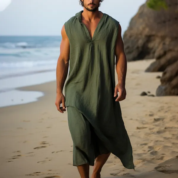Men's Holiday Linen Loose Plain Hooded Robe - Villagenice.com 