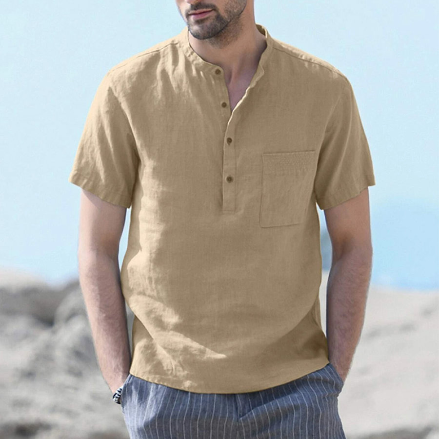 

Мужская хлопково-льняная футболка с карманом на половину пуговиц Генри рубашка цвета хаки