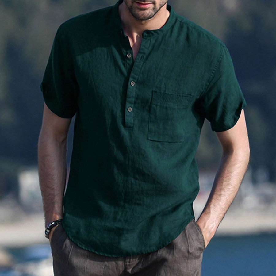 

Мужская хлопковая льняная футболка с карманом на половину пуговиц Генри зеленая рубашка
