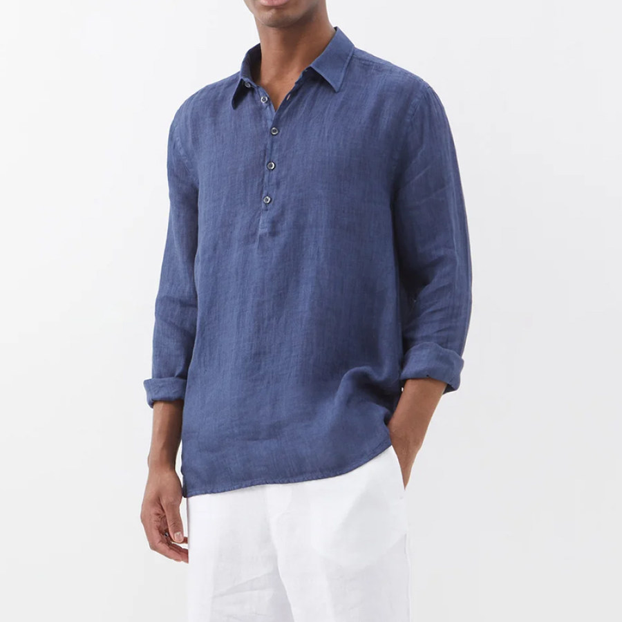 

T-shirt Boutonné à Col Demi-ouvert En Coton Et Lin Pour Hommes Avec Revers Décontracté