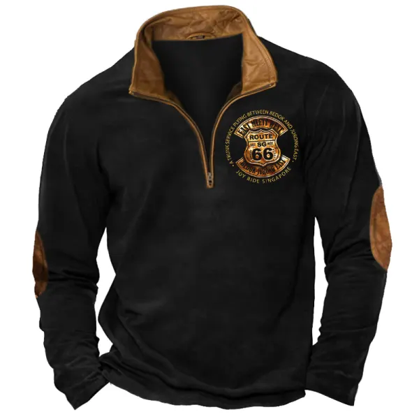 Men's Route 66 T-Shirt 1/4 Zip Leather Lapel Long Sleeve Vintage Road Trip Pullover - Cotosen.com