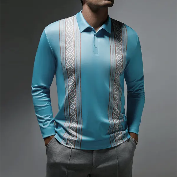Geometric Color Block Button Long Sleeve Bowling Polo Shirt - Mobivivi.com 