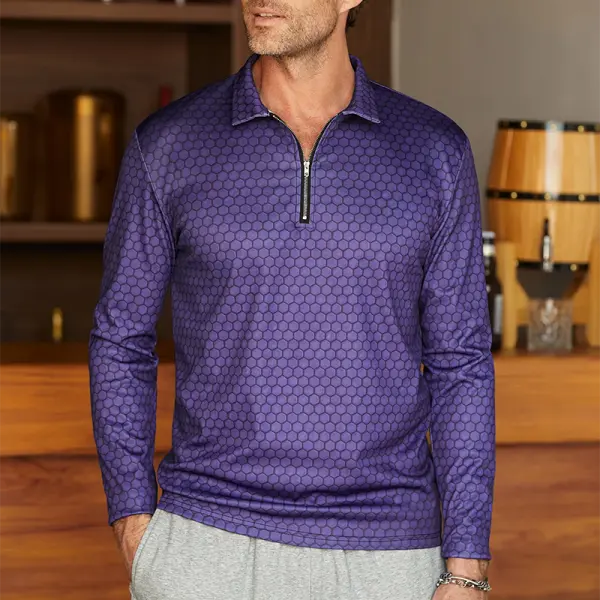 Geometric Zip Long Sleeves Casual Polo Shirt - Menilyshop.com 