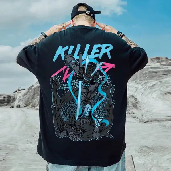 Harajuku Samurai Print Casual Crewneck T-Shirt - Kalesafe.com 