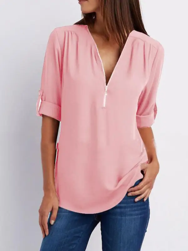 V-Neck  Zips  Plain  Roll-Up Sleeve  Long Sleeve Blouses - Plazabery.chimpone.com 