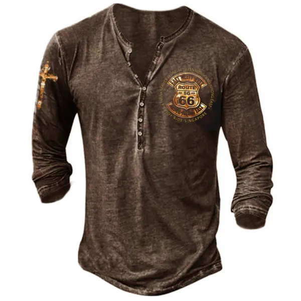 Men's retro button printed long-sleeved T-shirt - Kalesafe.com 