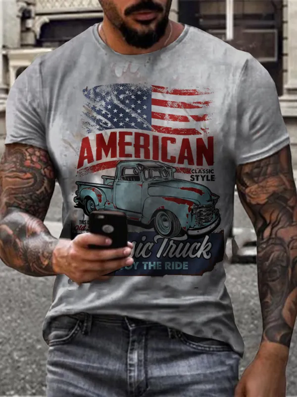 Retro car flag print T-shirt - Oasisjoy.com 