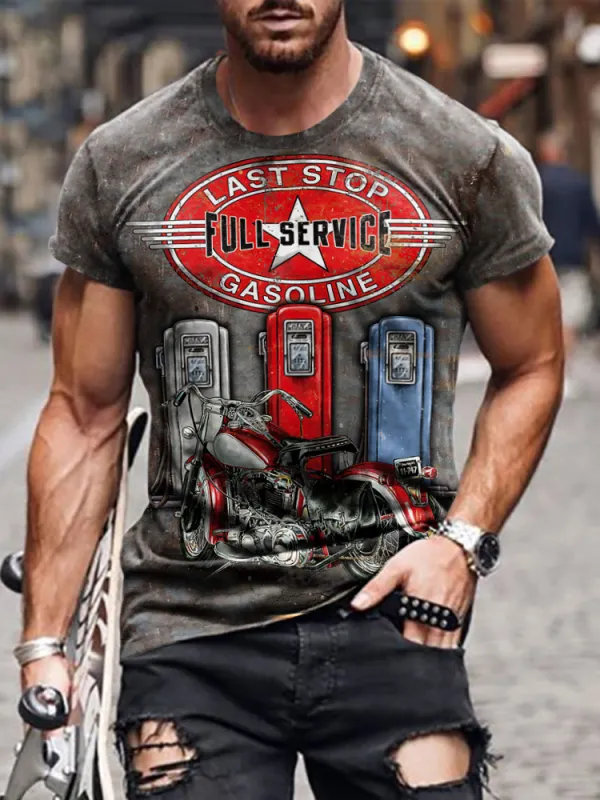 Retro motorcycle fuel print T-shirt - Oasisjoy.com 