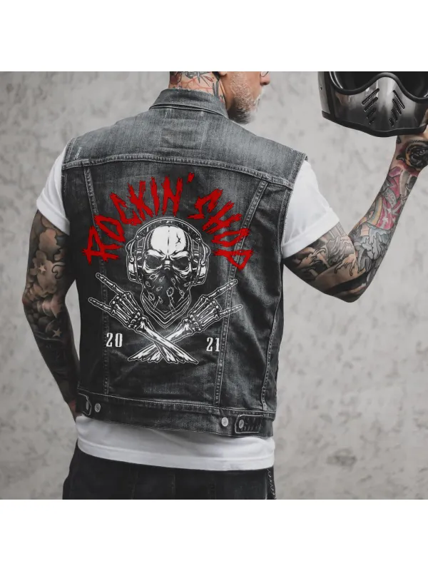 Hip hop skull print denim vest - Plazabery.chimpone.com 