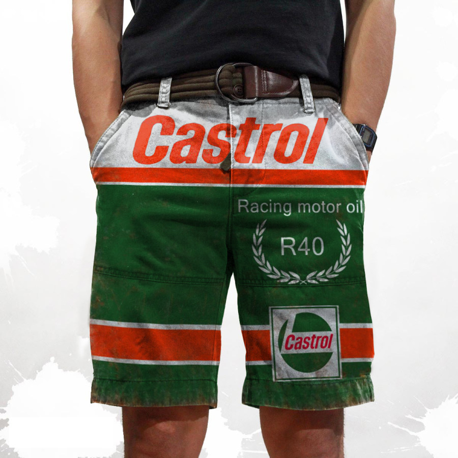 

Retro engine oil print shorts