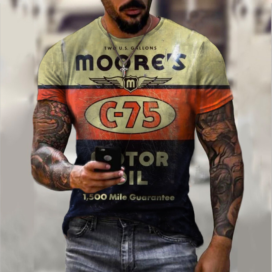 

Retro motor oil print short-sleeved T-shirt
