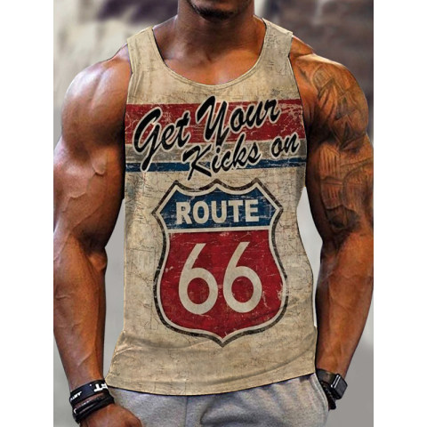 Mens Fashion Holiday Letter Route 66 Print Casual Tank Top