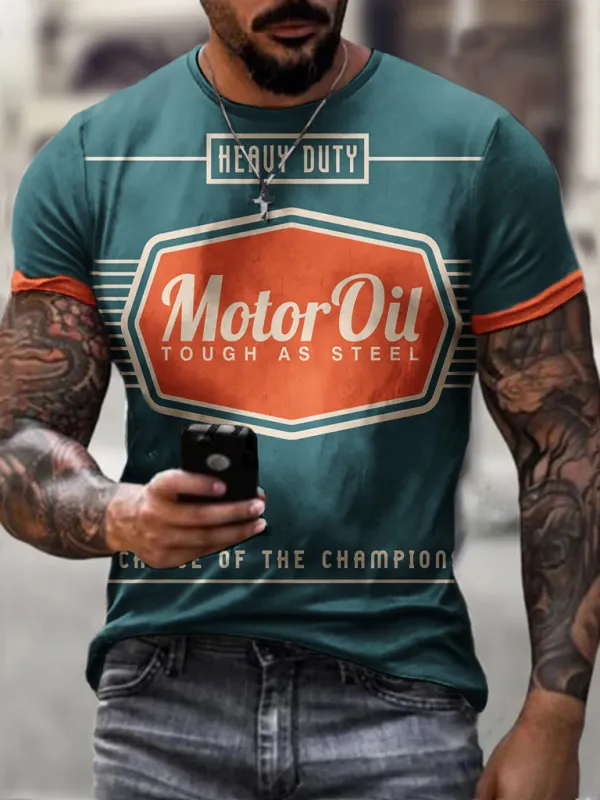 Retro engine oil print T-shirt - Oasisjoy.com 