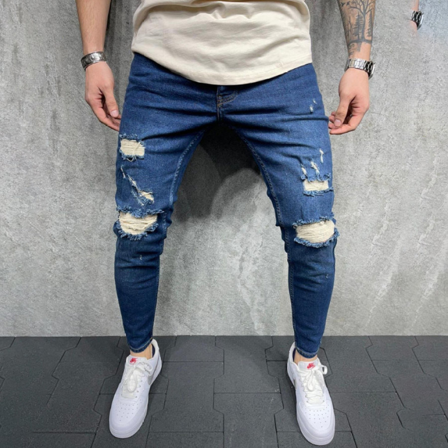 

European and American cross-border independent station Amazon fashion self-cultivation ripped stretch men's denim trousers