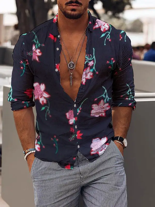 Casual holiday romantic floral print mens shirt - Oasisjoy.com 