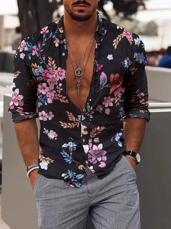 Casual holiday romantic floral print mens shirt - Oasisjoy.com 