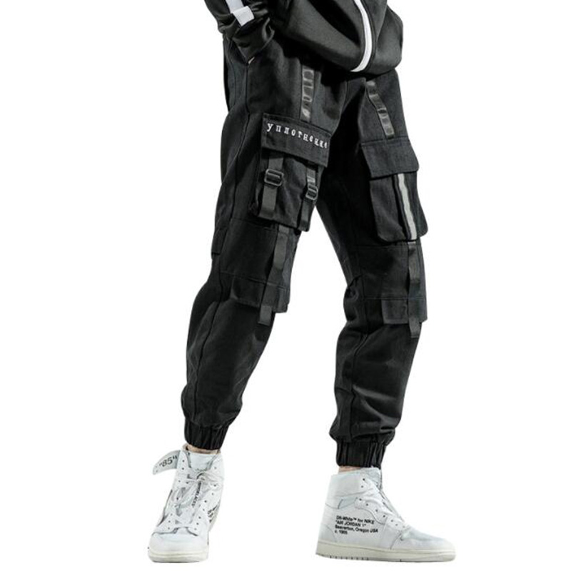 Men's Tech Style Decorative Webbing Multi pocket Trousers