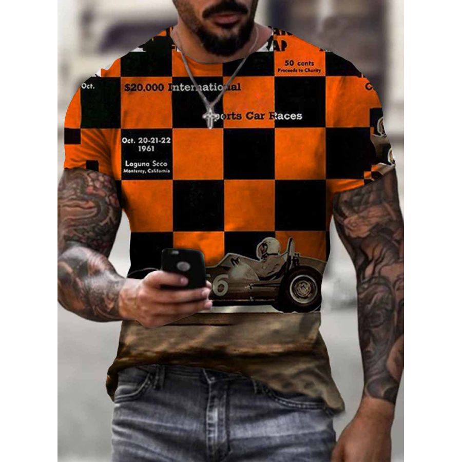 

Casual Plaid Hit Color Motorcycle Print T-shirt