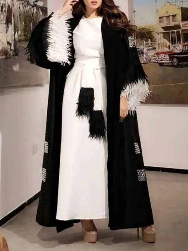 Ladies Elegant Fashion Feather Contrast Color Casual Party Festive Robe Jacket Cardigan - Knowsan.com 