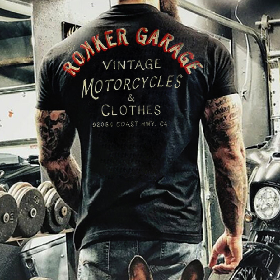 

Mens Retro Rokker Garage Motorcycle Riding T-shirt