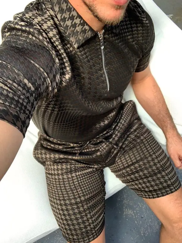 Houndstooth casual polo shirt suit - Oasisjoy.com 