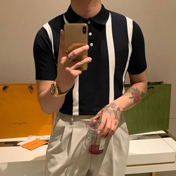 All-match simple striped contrast polo T-shirt - Woolmind.com 