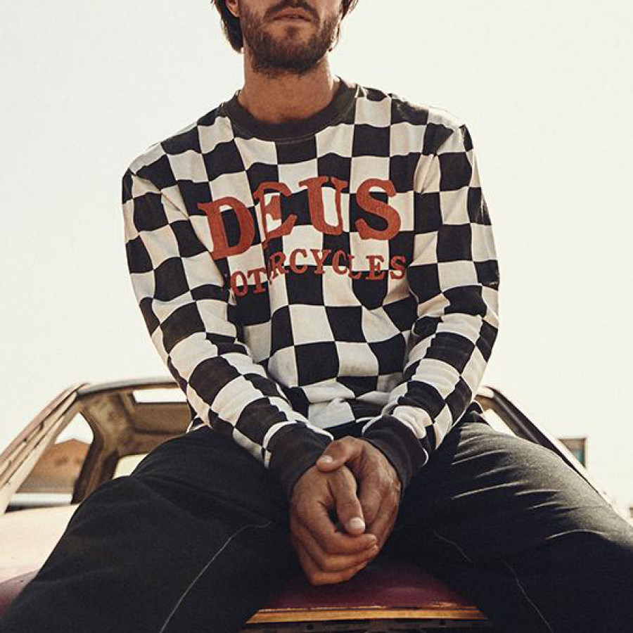 

Black and white check motorcycle long-sleeved T-shirt