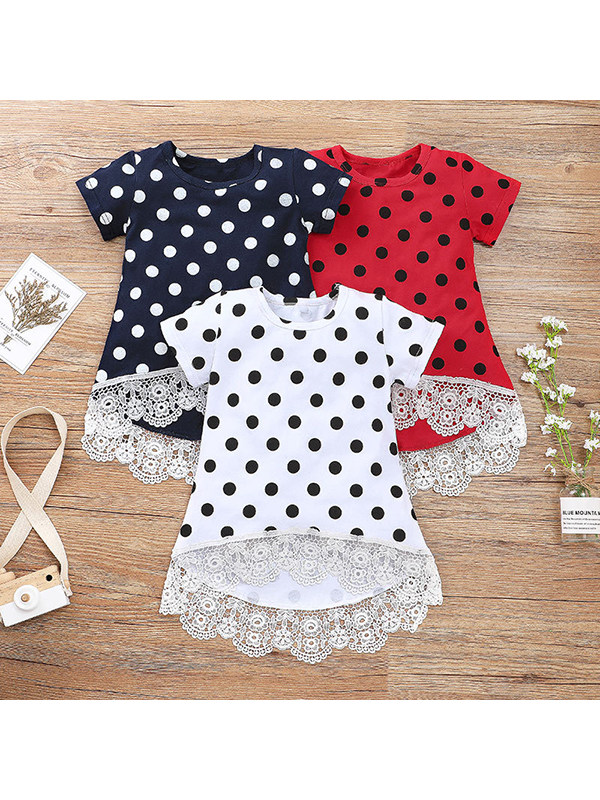 【18M-7Y】Girls Round Neck Short Sleeve Polka Dot Print A-line Dress