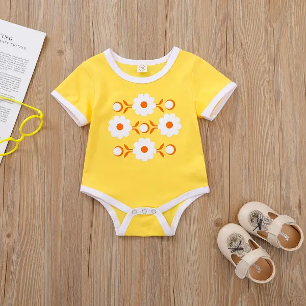 【70-100cm】Cute Round Neck Short-sleeved Flower Print Jumpsuit For Baby Girl - Popopiestyle.com 