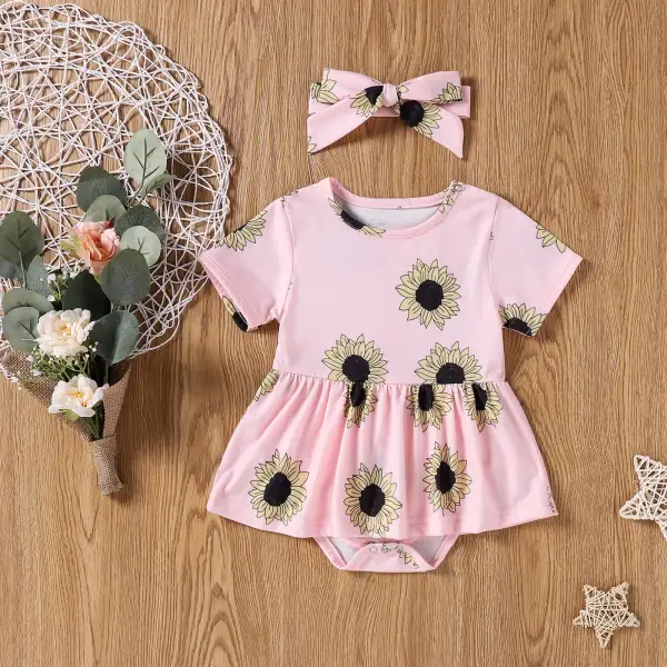 【6M-3Y】Baby Girl Leopard Sunflower Printed Hair Band Bodysuit - Popopiestyle.com 