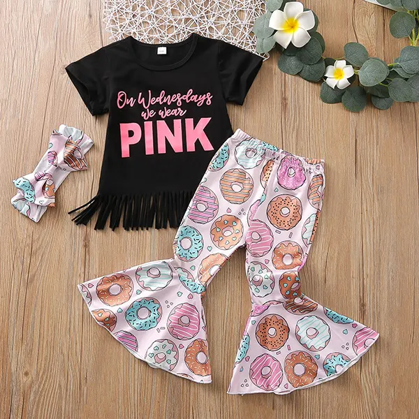 【18M-7Y】Girls Letter Print Tassel T-shirt Donut Flare Pants Two-Piece Set - Popopiestyle.com 