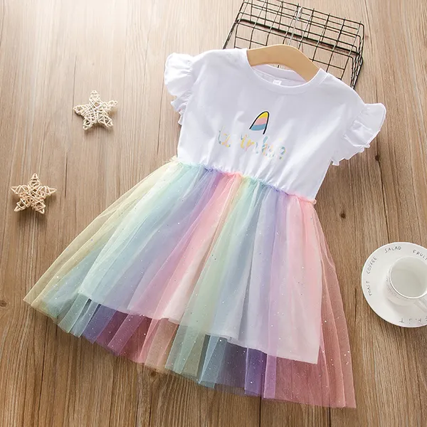 【18M-7Y】Girls' Color Round Neck Flying Sleeve Rainbow Mesh Dress - Popopiestyle.com 