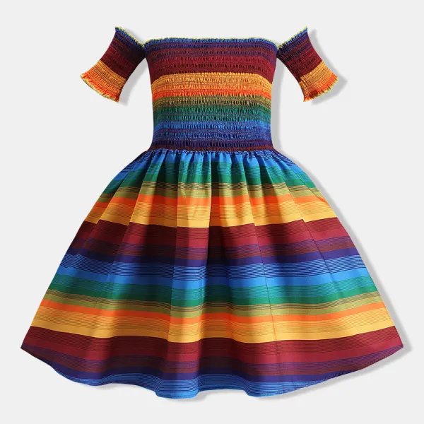 【18M-7Y】Colorful Striped Off The Shoulder Short Sleeved Dress - Popopiestyle.com 