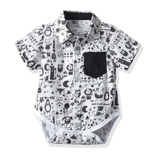 【6M-3Y】Baby Boy Lapel Short-sleeved Cartoon Print Romper - Popopiestyle.com 