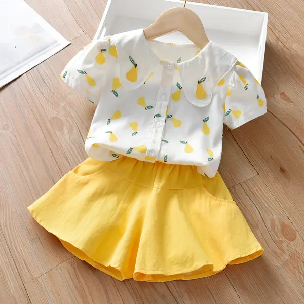 【18M-7Y】Sweet Pear Print Shirt and Pure Color Shorts Set - Popopiestyle.com 