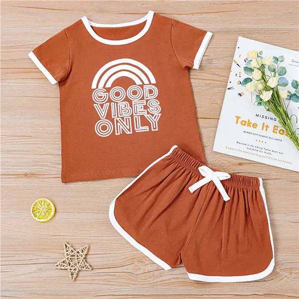 【18M-7Y】Girls Round Neck Short Sleeve English Printed Top with Contrast Shorts Set - Popopiestyle.com 