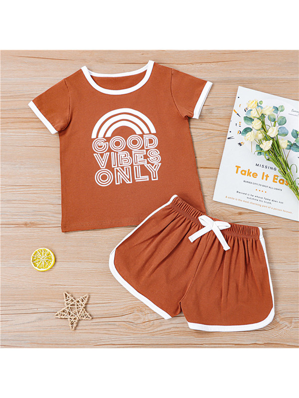 【18M-7Y】Girls Round Neck Short Sleeve English Printed Top with Contrast Shorts Set