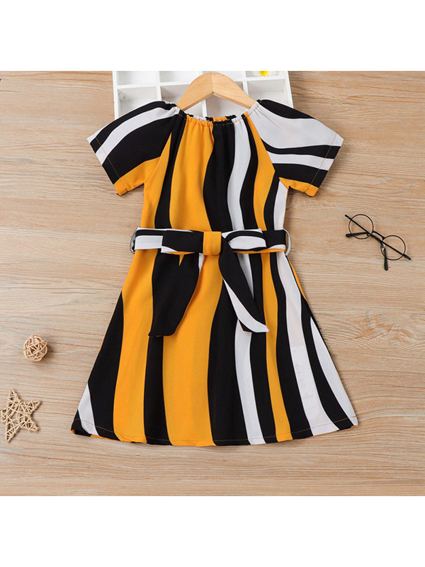 【18M-7Y】Girls Round Neck Short Sleeve Yellow Striped Dress