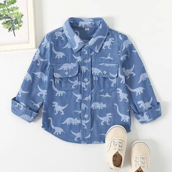 【18M-7Y】Boys Dinosaur Print Denim Long Sleeve Shirt - Popopiestyle.com 