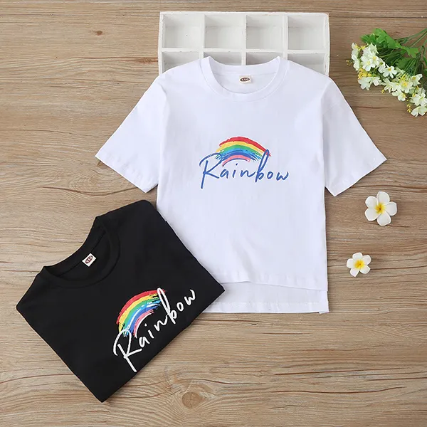 【3Y-13Y】Girls Round Neck Short-sleeved Rainbow Letter Printed T-shirt - Popopiestyle.com 