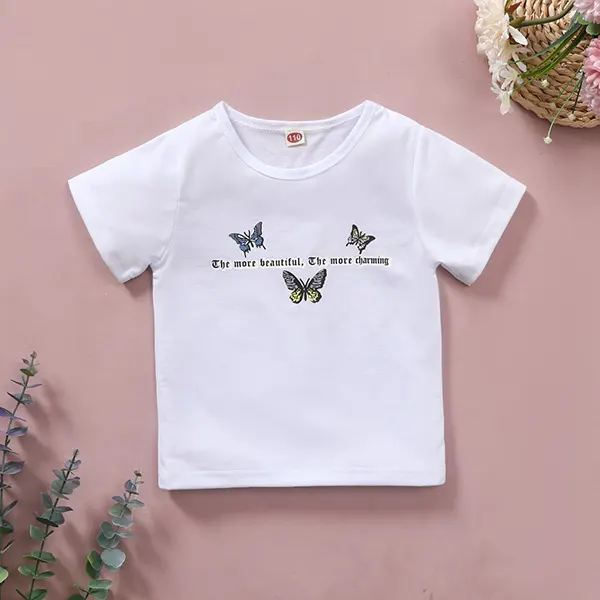 【18M-7Y】Girls Short-sleeved Butterfly Letters T-shirt - Popopiestyle.com 