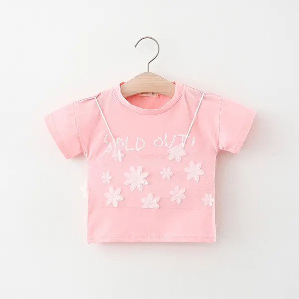 【6M-4Y】Girls Round Neck Short-sleeved Floral Letters Printed T-shirt - Popopiestyle.com 