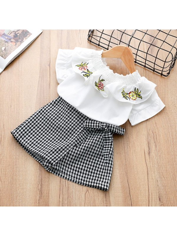【18M-7Y】Girls Embroidered Short-sleeved Blouse Plaid Shorts Suit