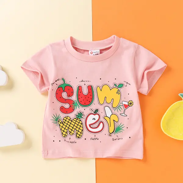 【3M-3Y】Girls Cute Crew Neck Letter Fruit Print Short Sleeve T-shirt - Popopiestyle.com 