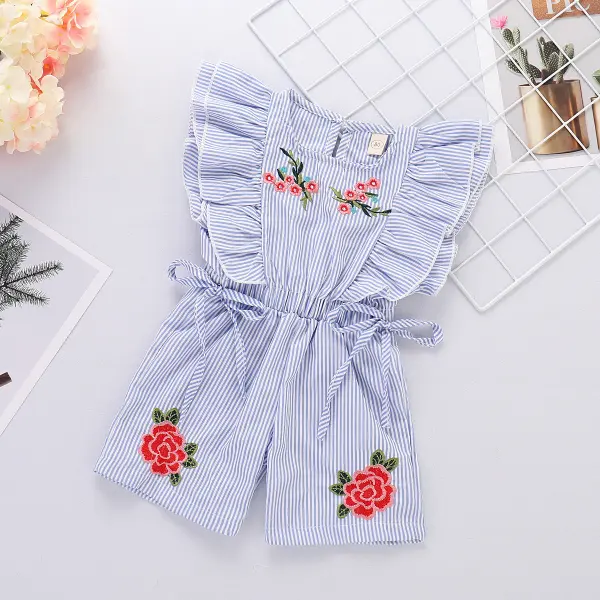 【12M-5Y】Girls Fresh Sweet Blue Striped Flower Embroidery Jumpsuit - Popopiestyle.com 